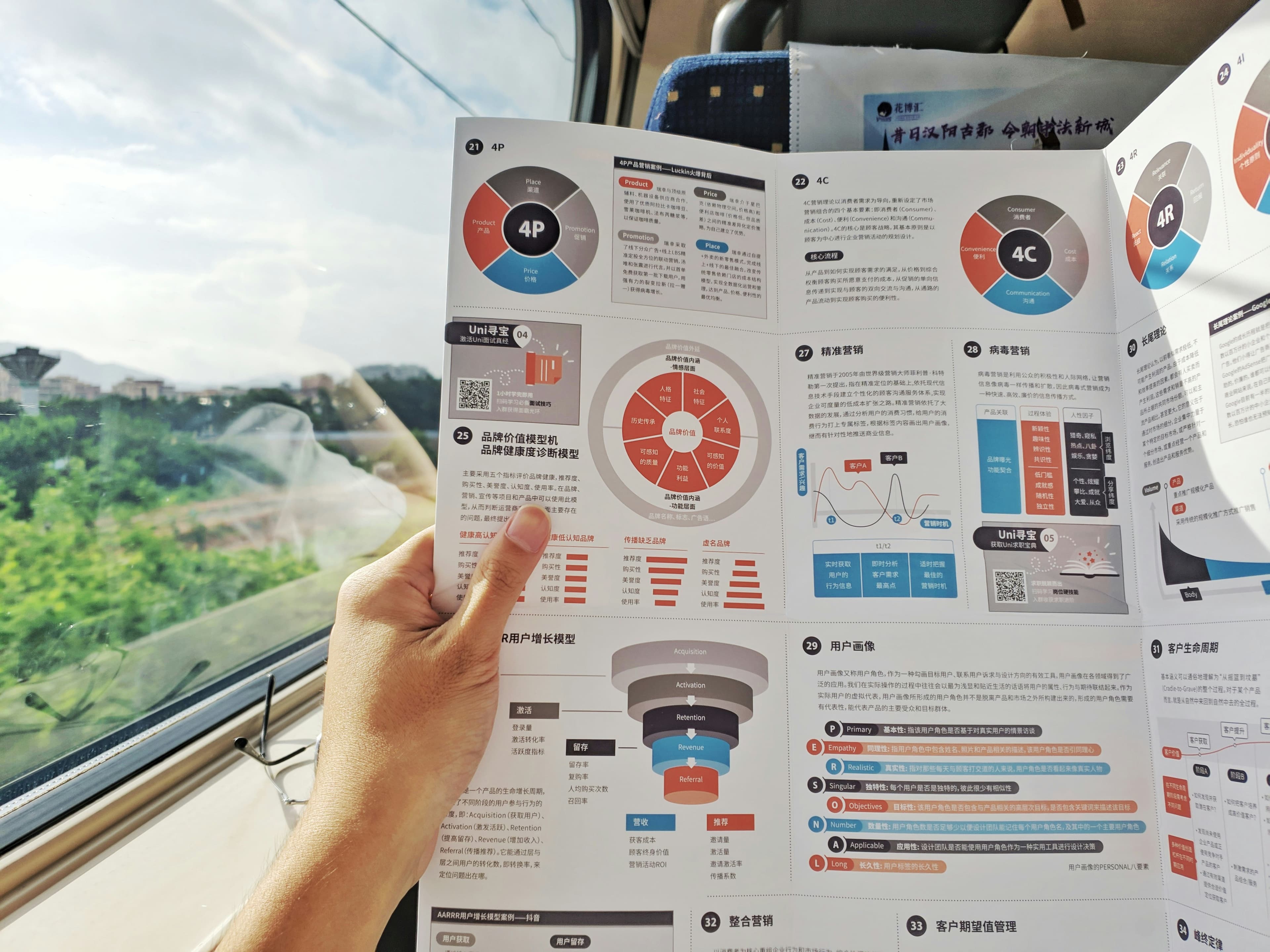 A hand holding an open infographic poster on a moving train — dense, layered visual information being read in a real moment.